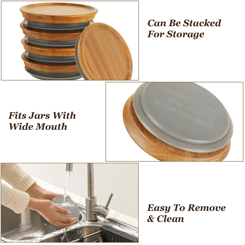 12 Pack Wide Mouth Mason Jar Lids, Acacia Wooden Storage Canning Lids with Airtight Silicone Seal, Reusable Wooden Storage Lid for Ball/Mason/Kerr Jars
