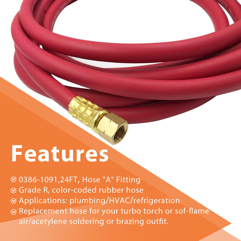 0386-1091 AH-24 Air Acetylene Torch Hose With Lashing Strap, 24FT "A" Fitting, Replacement Welding Hose Compatible with Torch AR-B/AR-MC Regulators, G4/PLF-A Handles, B/MC Tanks 24 FT