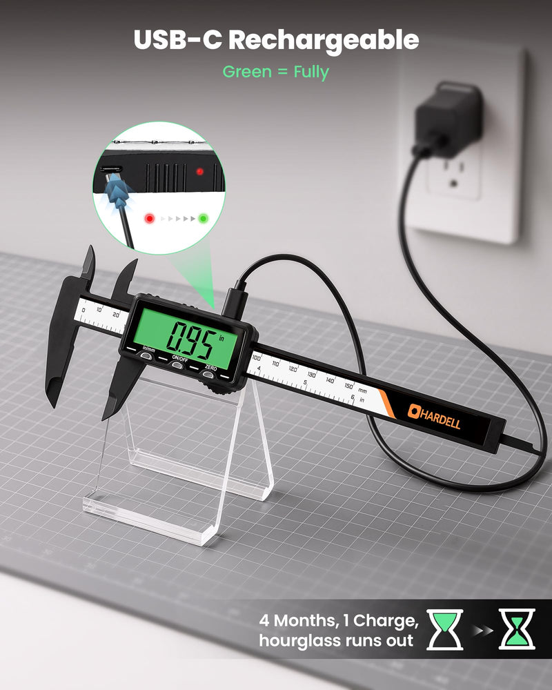 HARDELL Rechargeable Digital Caliper 6", Plastic Calipers with High-Contrast Green Screen (Non-Backlight), Inch/MM, Auto-Off - Everyday Measuring Tool for Woodworking, DIY, Jewelry Making & Household