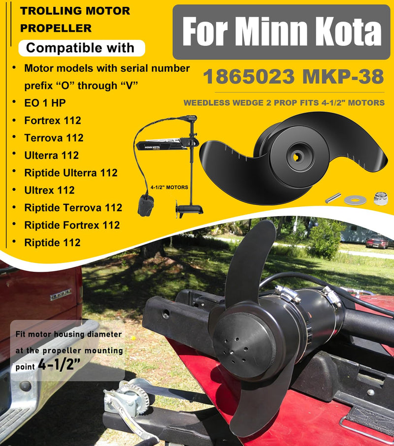 MKP-38 Weedless Wedge 2 Prop & Eliminator Trolling Motor Prop Nut For Minn Kota 112 lb Thrust 4-1/2" Motors, 1865023 Trolling Motor Prop for Minn Kota Ulterra, Fortrex, Terrova, Riptide, Ultrex 112