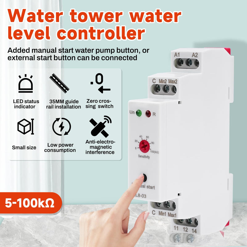 ZPSHYD Liquid Level Control Relay, GRL8-03 AC/DC 24-240V 10A Wide Voltage Electronic Water Level Controller with Sensitivity Adjustment, DIN Rail Mount for Water Tank Pump and Well Management