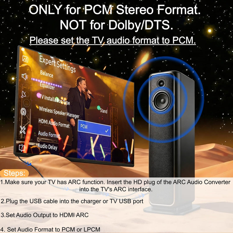 192KHz HDMI ARC to Optical Audio Adapter 6.6FT, ARC to Optical Converter - for HDTV AR C Ports to O ptical Soundbar, Home Theaters, Plug & Play, Support PCM 2.0 Audio Formats (NO CEC)
