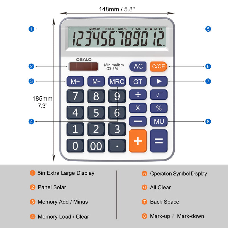 Desktop Calculator and Mesh Zipper Pouch Bundle, 5pcs Size Lightweight Nylon File Folders, 5In Clear LCD Display Auto Sleep Calculator