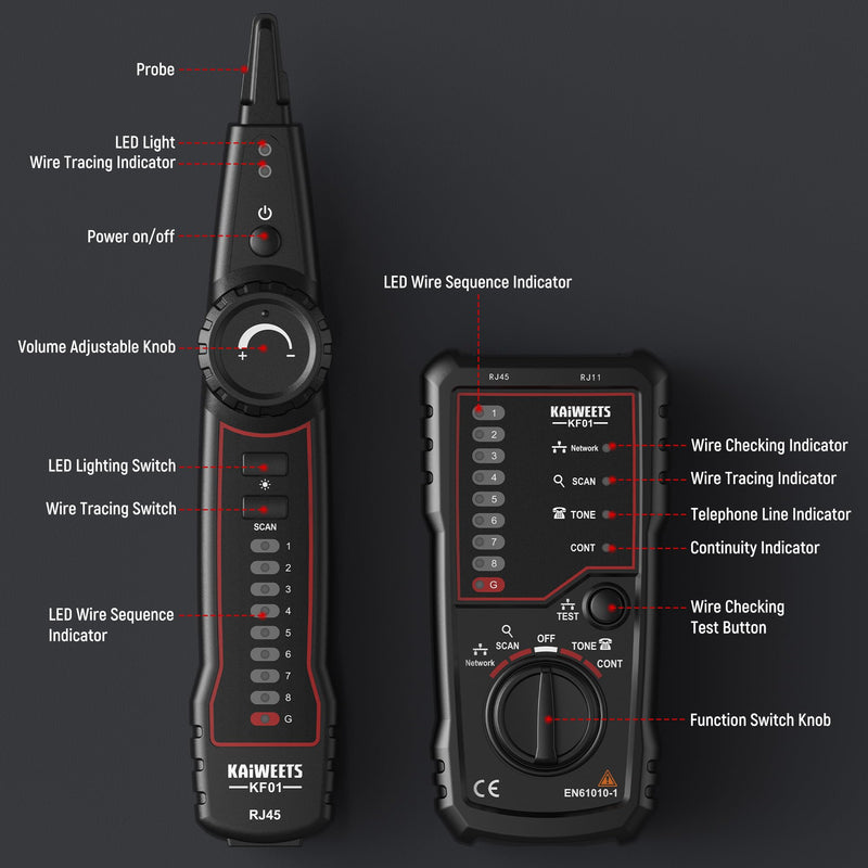 KAIWEETS Network Cable Tester, RJ45 RJ11 Wire Tracer Line Finder, Tone Generator and Probe Kit, Cable Tracer Ethernet LAN Network Cat5 Cat6 for Cable Collation, Telephone Line Test