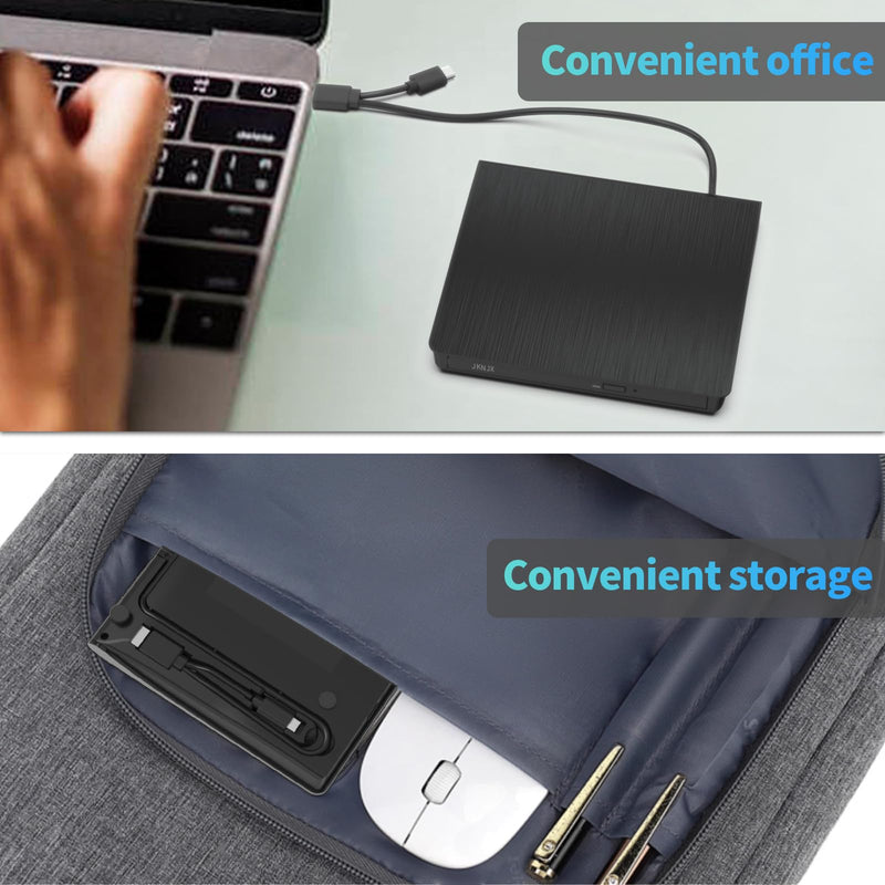 2 in 1 External CD DVD Drive, USB 3.0 and Type-C Disc Reader Burner Player | Optical Drive for PC Laptop Desktop MacBook Mac Windows Linux OS Apple Dark Black