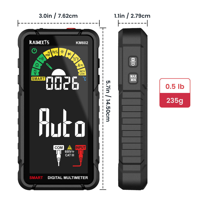 KAIWEETS Smart Multimeter Rechargeable Electrical Tester with Auto Ranging Digital Voltmeter Measures Voltage Current Resistance Continuity Capacitance Temperature Frequency NCV 6000 Counts TRMS Black KM602 Full-Screen Smart Multimeter