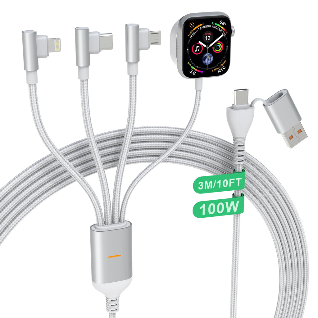 100W Multi Charging Cable for Apple Watch and iPhone 15,4 in 2 10FT USB C/A Fast Charging Cable 90 Degree Travel Charger Cord Nylon Braided Compatible with All iWatch iPhone MacBook iPad Galaxy S23