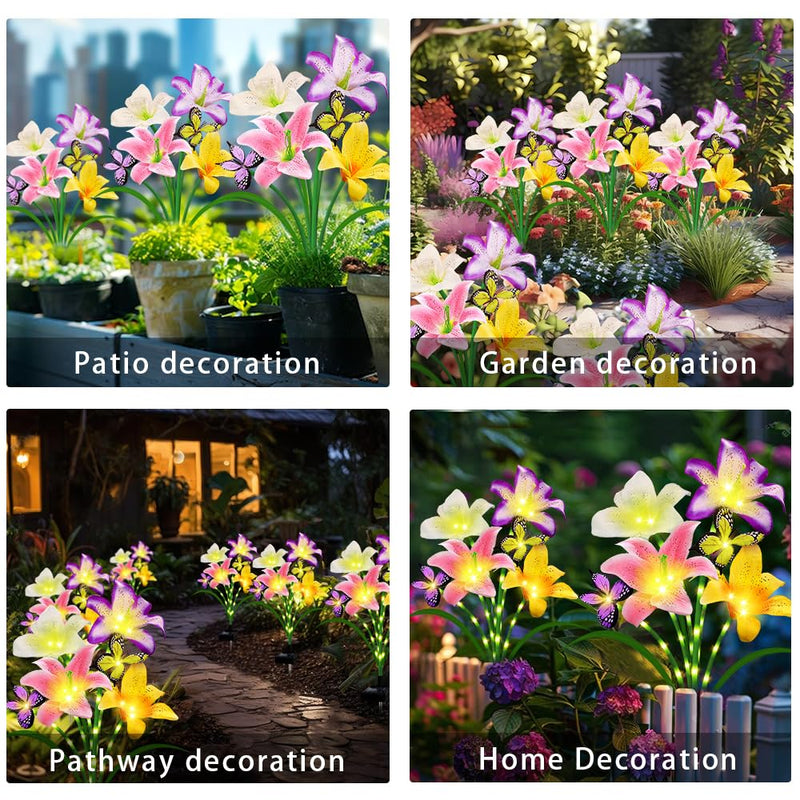 Solar Garden Lights 4 Pack LEDs Solar Lilies Flower Lights, Yard Patio Pathway Decoration High Flexibility Copper Wire Handmade Silk Artificial Flowers Never Wither, Gift for Family Friends