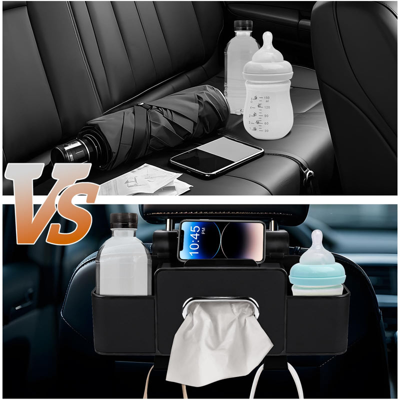 Car Back Seat Organizer with Tissue, Car Seat Back Tissue Box and Storage Hook, Multifunctional Car Organizer for Hold Phone,Drinks,Handbag,Compatible with Most Vehicles (Black) Black