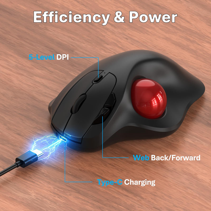 EDJO Wireless Trackball Mouse, Ergonomic Mouse with 30° Tilt, 5 DPI, Red | Thumb control, 3-device Bluetooth/2.4G, up to 160h battery, Type-C rechargeable, stays in place, removable ball, easy cleanup