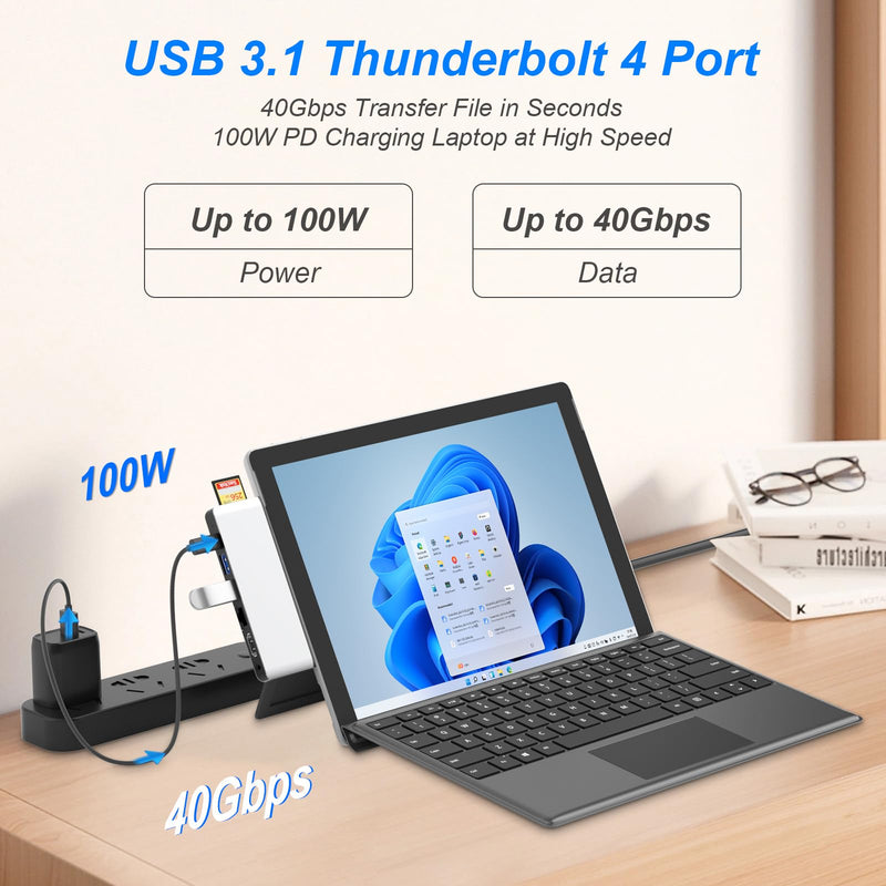 Surface Pro 11/10/9 Hub, Microsoft Surface Pro 9 USB C Hub with 4K HDMI, USB-C Thunderbolt 4(8K@30Hz Video+40Gbps Data+100W PD), RJ45, 2*USB 3.0, Audio, SD/TF Card Slot, for Surface Pro 11/10/9