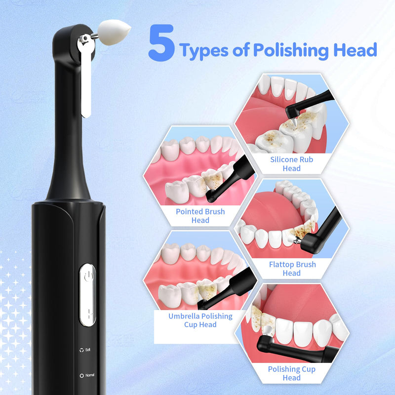 Electric Tooth Polisher, Plaque Remover for Teeth Whitening, Teeth Polishing Kits 4 Speed Modes，Rechargeable Dental Polisher for Cleaning, Waterproof Tooth Polish Tools with 5 Brush Heads& LED Light