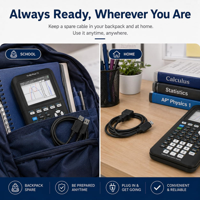 TI-84 Plus CE Charger Cable, USB-A to Mini USB Charge & Sync | Reliable USB-A to Mini USB Charge & Sync cable for TI-84 Plus CE calculators.