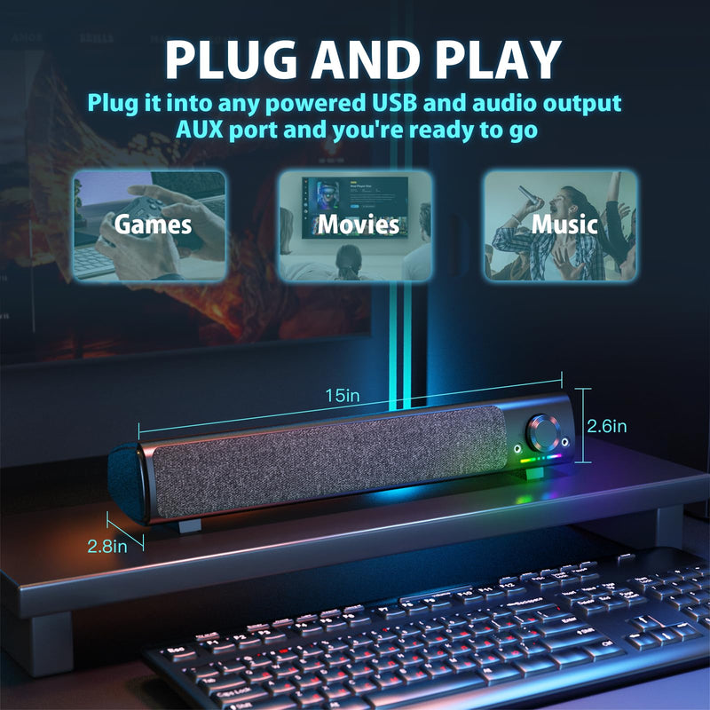 Computer Speakers, USB Powered 3.5mm AUX PC Sound Bar for Desktop Monitor, Gaming Speakers with Headphones & Microphone Link, Superb Stereo Sound, Plug-n-Play (Black) Black