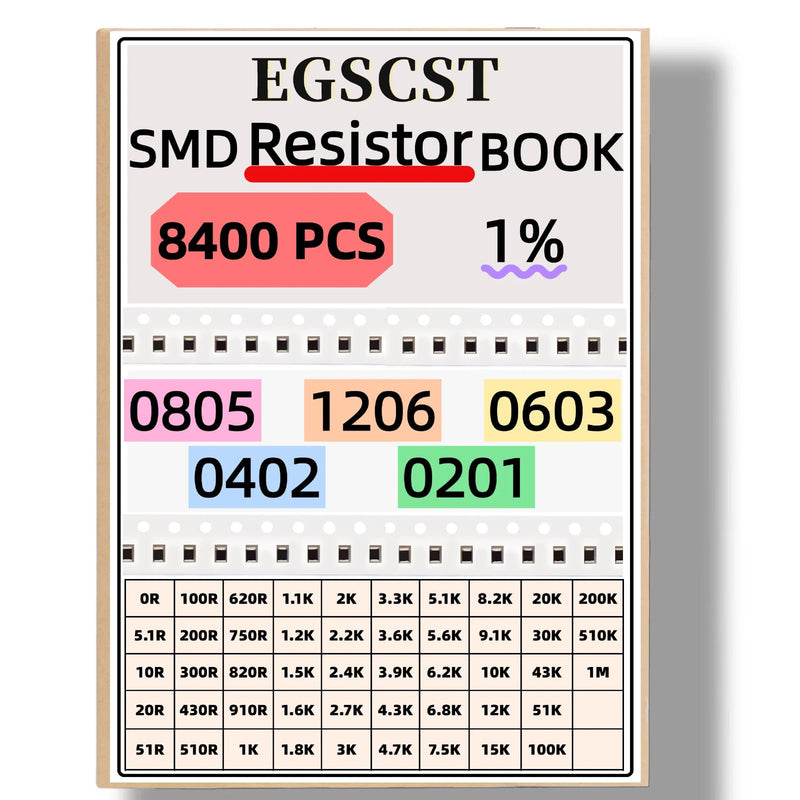 8400PCS 0805+1206+0603+0402+0201 SMD Resistor Kit from 0Ω to 1MΩ 1%, Electronics Component Assortment Sample Book for DIY Project, Electronics Prototyping and Repair
