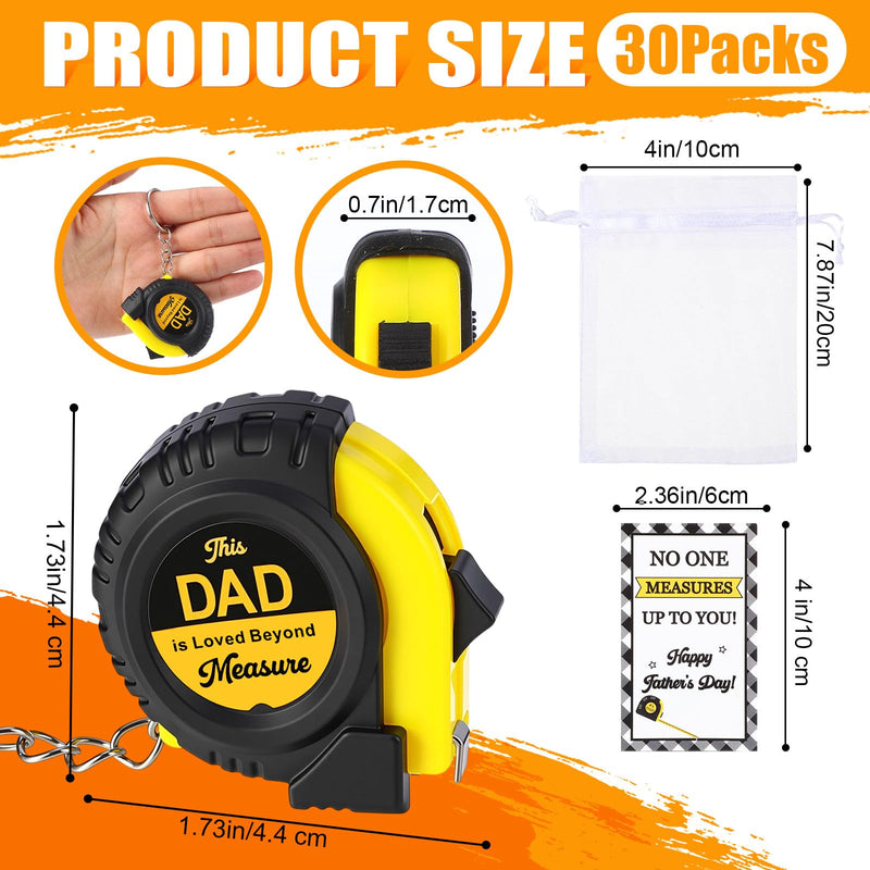Chunful 30 Pcs Mini Measure Tape Keychain Set Employee Coworkers Gift Fathers Men Gifts Bulk 3 ft Small Retractable Measuring Tape Bulk with Father's Day Cards White Organza Bags(Yellow) Yellow