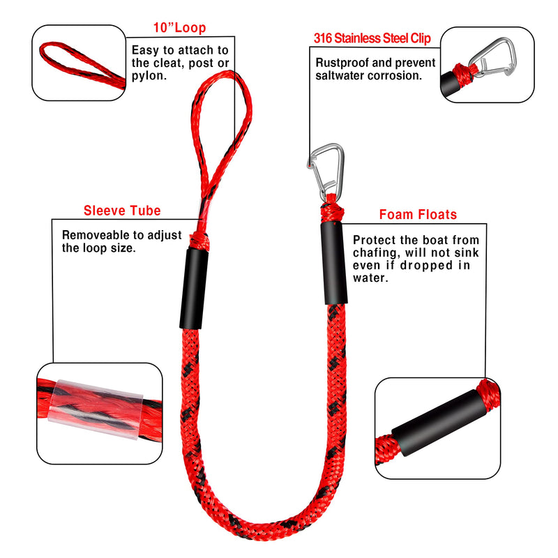 Bungee Dock Line Boat Accessories - Pontoon, Jet Ski, Kayak Accessories with 316 Stainless Steel Clip Red 4ft & 6ft