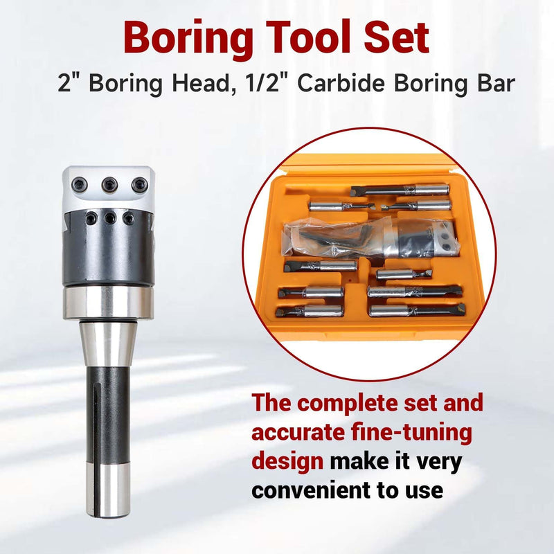 findmall 2" Boring Head R8 Shank Boring Tool Set, 9pcs 1/2" Carbide Boring Bar Set Milling Fit for Milling Machine, Thread 7/16-20"