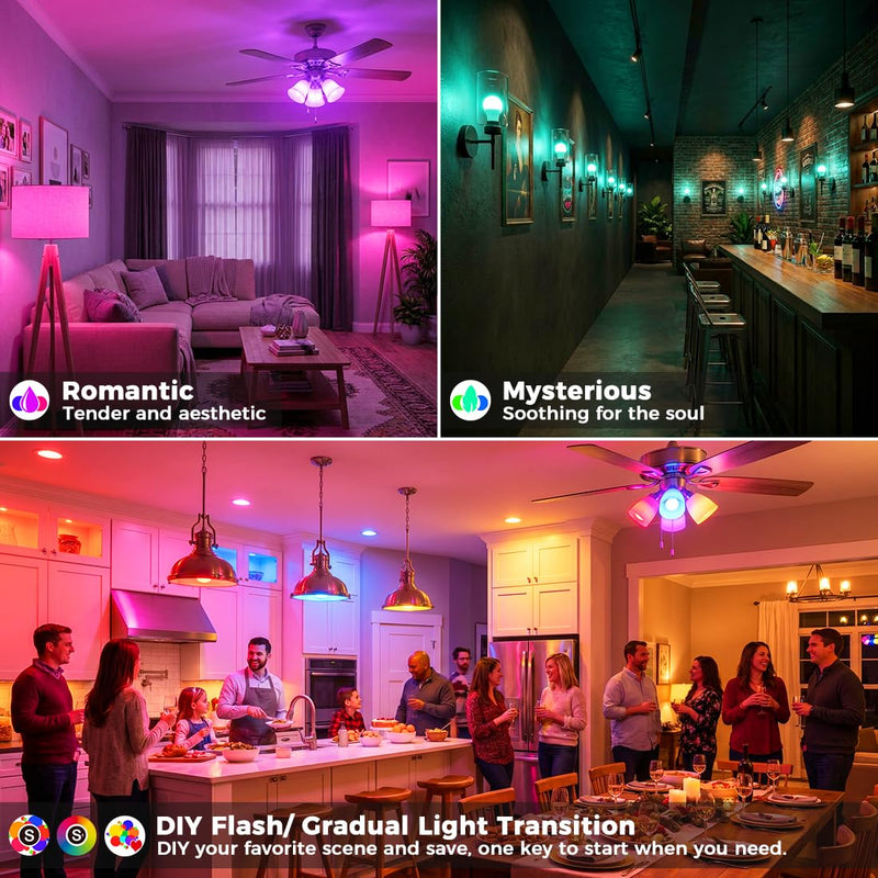 MELPO Led Light Bulb, 12W, 120 Watt Equivalent, 2700K/4500K/5700K 3CCT, 9 RGB Colors, Color Changing Light Bulb with Remote Control, DIY Flash/Sleep/Timer Mode, 1300LM, A19 E26 Light Bulbs (4 Pack) 4