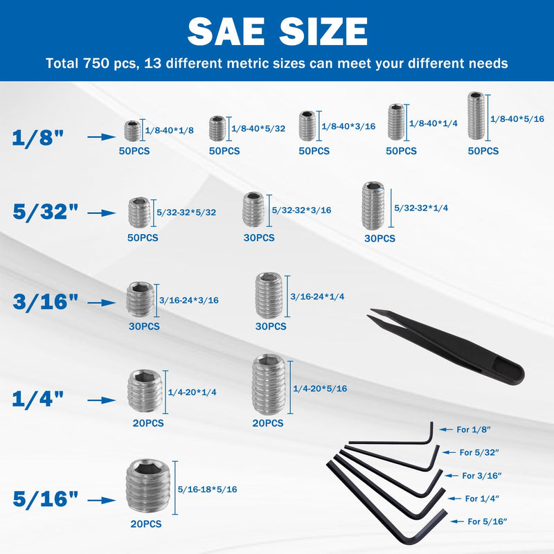 2000PCS Set Screws, 26 Sizes Metric & Sae Set Screw Assortment Kit, Allen Head Hex Socket Head Grub Screws for Bathroom Fixtures, Door Handles, 304 Stainless Steel (M3-M8, 1/8"-40 to 5/16"-18) 2000PCS-Silver