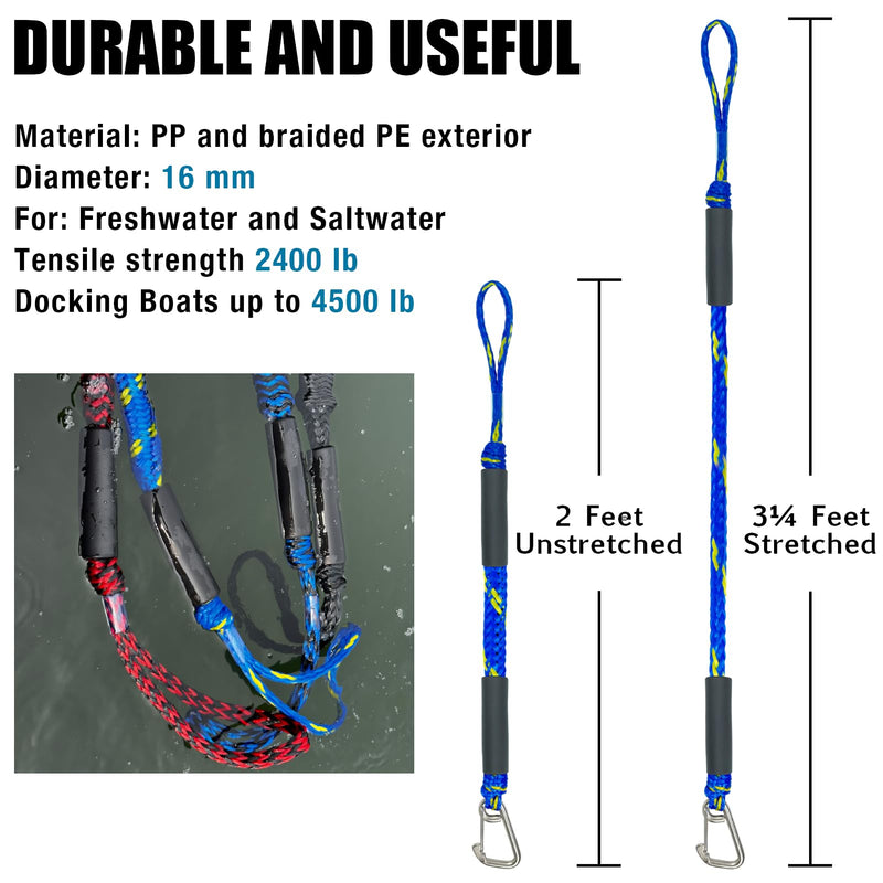 2FT Bungee Dock Line Boat Accessories 2pcs Fender Lines with 316 Stainless Clip for Boat Bumper/Boat Fender for Mooring for Jet Ski, Seadoo, Yamaha(Blue+Yellow, 2Feet) Blue+Yellow