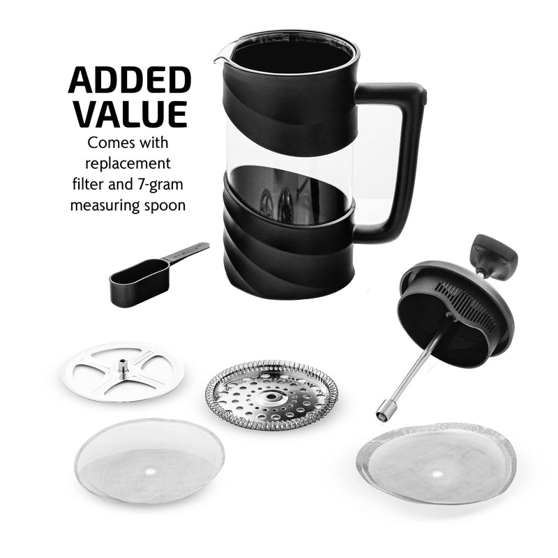 OVENTE French Press Coffee Maker 20 Ounce with Heat Resistant Borosilicate Glass & Stainless Steel 4-Level Filtration System, Portable Cold Brew Coffee Maker for Travel, Camping or Gift, Black FPW20B