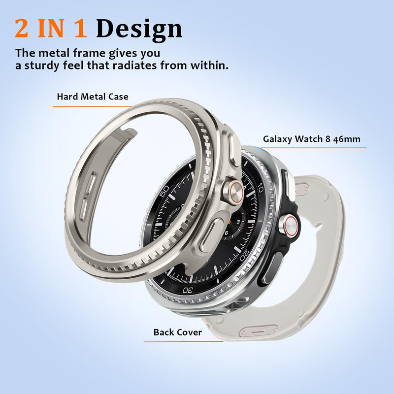 Amizee Rugged Case Compatible with Samsung Galaxy Watch 8 Classic Case 46mm with Back Cover, Metal Bumper Ultra Thin Shockproof Protective Cover for Galaxy Watch 8, Titanium