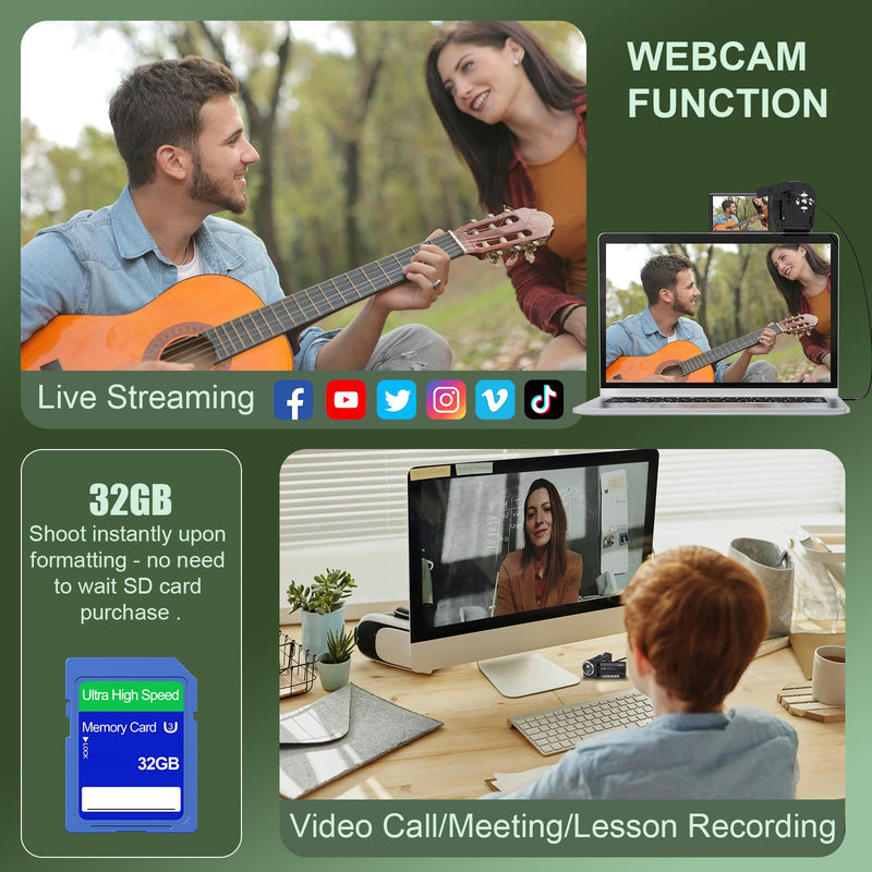 2.7K Video Camera QHD 56MP Camcorder 16X Digital Zoom YouTube Vlogging Camera 270 Degree Rotation Screen Camcorders Webcam with 32G SD Card and 2 Batteries