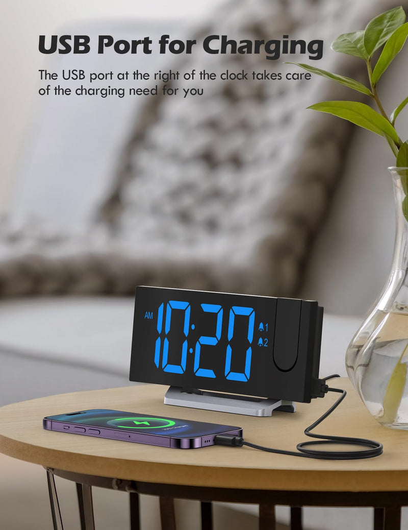 Projection Alarm Clock with FM Radio, USB Charging Port, 0-100% Dimmer, Dual Alarms, HD LED Display, 30 Preset Stations, Sleep Timer, 5 Alarm Sounds, Snooze, Curved Screen, Digital Clock for Bedroom Blue