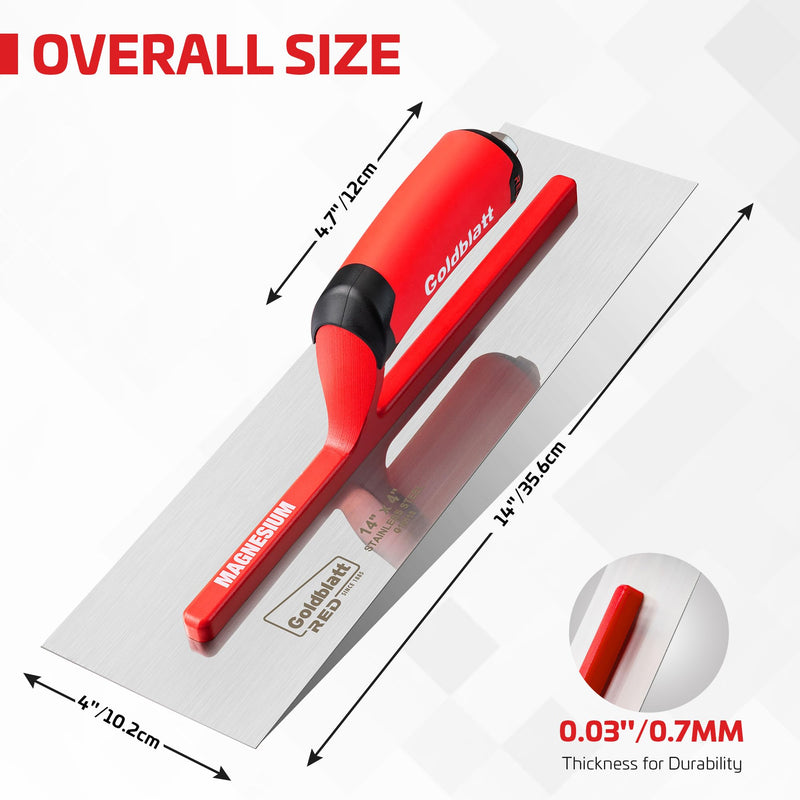 Goldblatt RED 14'' x 4'' Drywall Trowel with Lightweight Magnesium Shank, Stainless Steel Soft Grip Handle Finishing Masonry Trowel for Plastering, Wallboard, Concrete 14"x 4"
