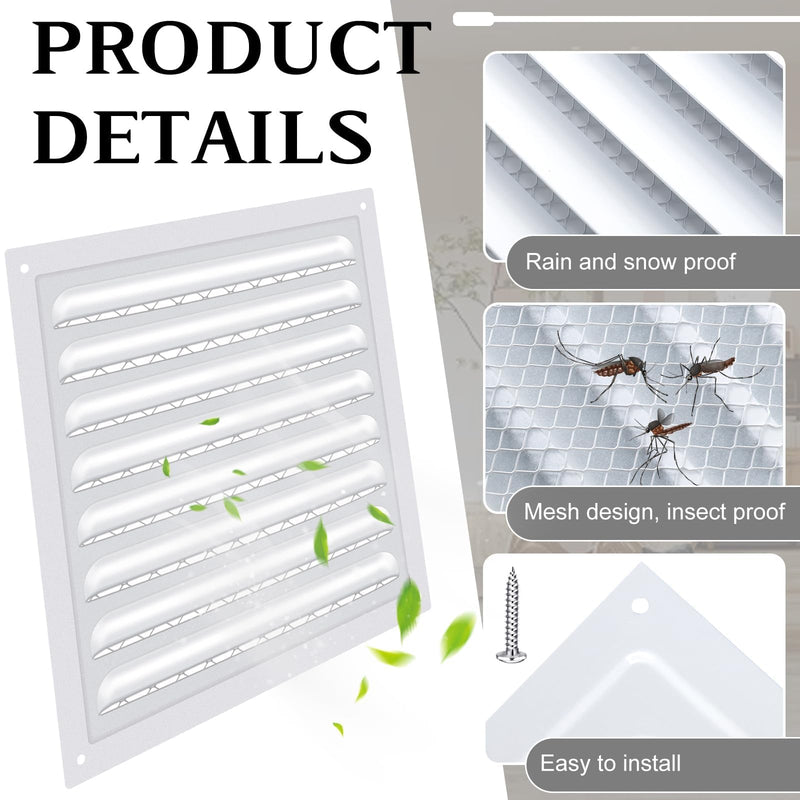 2 Pcs 8" X 8" Attic Vent Metal Shed Vents Gable Vents Louver Vent Grille with Screen Mesh for Home Garage Attic Ceiling, Boost Ventilation and Guard Against Moisture (White) White
