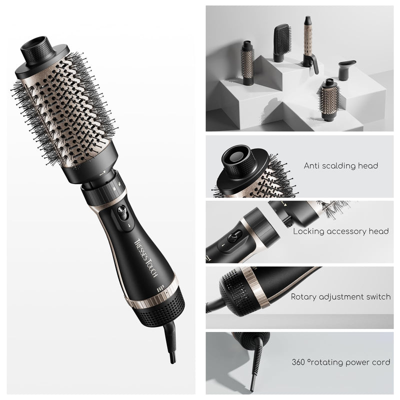 Hair Dryer Brush, 5-in-1 Blow Dry Hair Brush, Multi Hot Air Styler for Drying and Styling Volumizing Curling Sleeking in One Step, Ceramic Coating, Less Frizz, 3 Temperatures, UK Plug, Black Gold