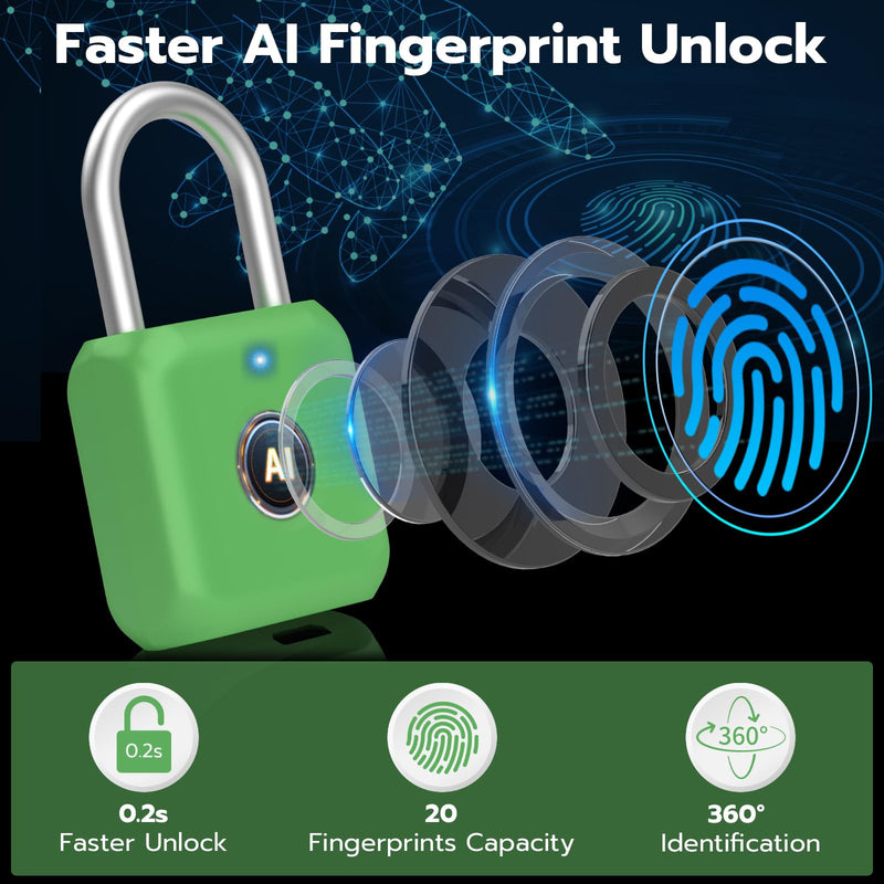 Fingerprint Padlock,Gym Locker Lock,Smart Padlock with APP Unlock,Fingerprint Lock USB Rechargeable for Gym Locker,Locker, School,Storage, Luggage Green