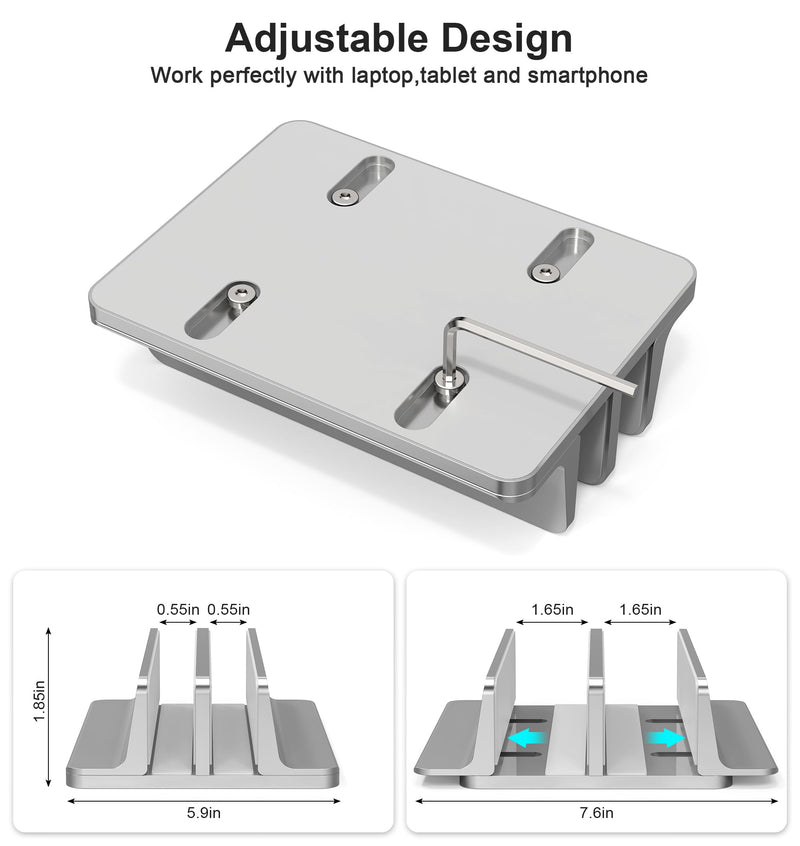 Vertical Laptop Stand, Adjustable 2 Slot Aluminum Desktop Holde(Up to 17.3 inch), Fits All MacBook/Microsoft Surface/HP/Dell/ChromeBook/iPad and Gaming Laptops (Grey) Grey