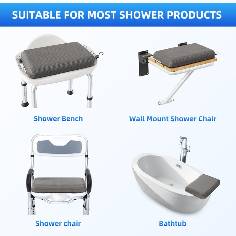 Shower Seat Cushion with Non-Slip Silicone Bottom, Shower Chair Cushion for Transfer Benches,Washable 3D Mesh Pad with Hook,Quick Drying Bathtub Chair Pad for Elderly, Pregnancy Grey