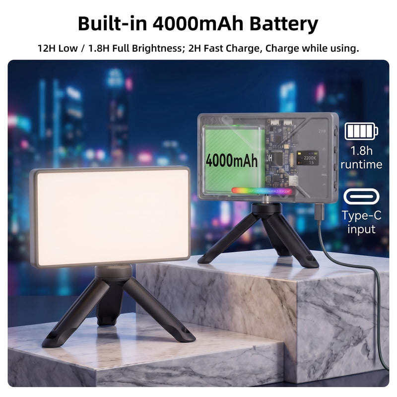 225 LED Portable Selfie Light, Video Conference Light, 4000mAh Rechargeable, App Control, Tripod, Metal Hot Shoe, Clip, CRI 97+, 24 Light Modes for Phone, Camera, Live Streaming, Makeup, Photography
