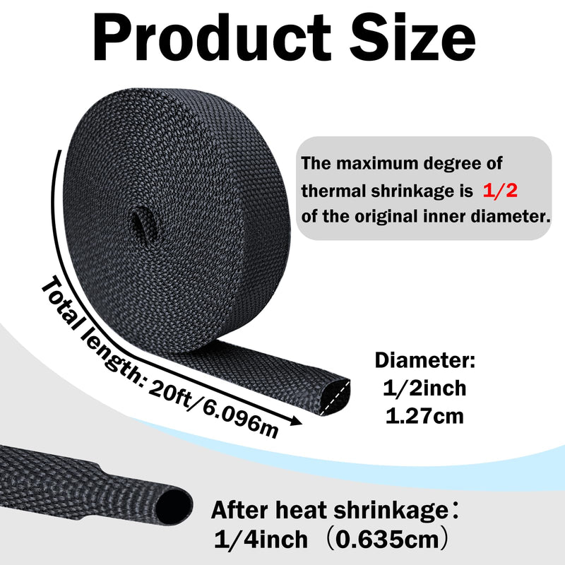 Heat Shrink Wire Loom, 20FT-1/2 Inch 2:1 Nylon Fabric Tubing | Braided Cable Sleeving Abrasion Protection for Managing Wires, Cables, Hoses 1/2''×20ft
