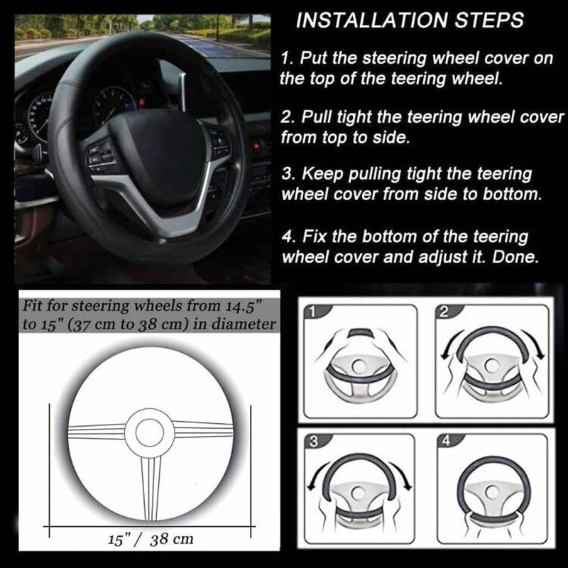 Valleycomfy Microfiber Leather Steering Wheel Cover Universal 15 inch (Black) Black Medium(Standard) Size[14.5"-15"]