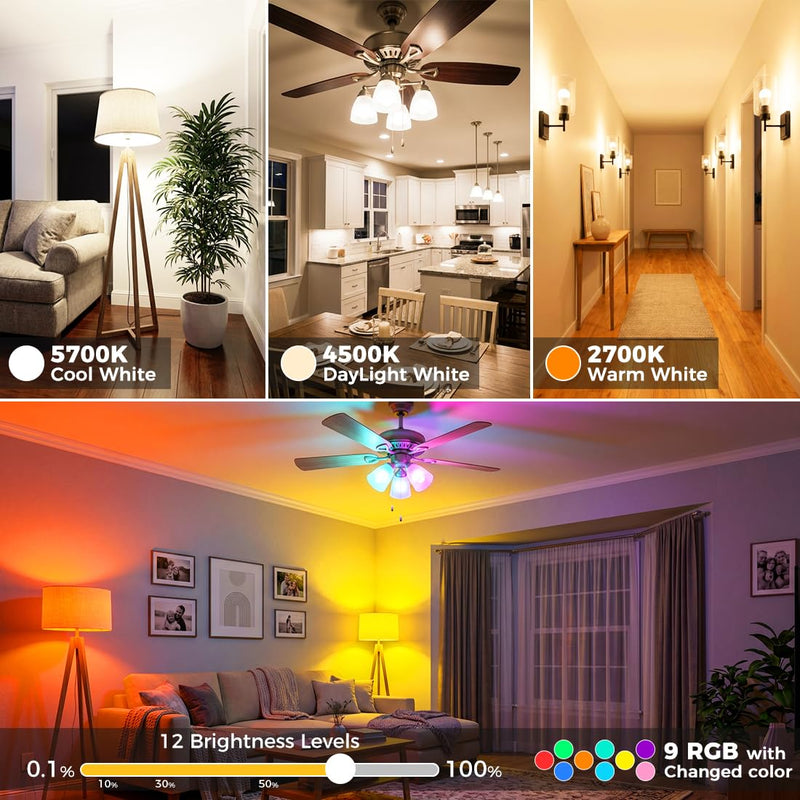 MELPO Led Light Bulb, 12W, 120 Watt Equivalent, 2700K/4500K/5700K 3CCT, 9 RGB Colors, Color Changing Light Bulb with Remote Control, DIY Flash/Sleep/Timer Mode, 1300LM, A19 E26 Light Bulbs (4 Pack) 4