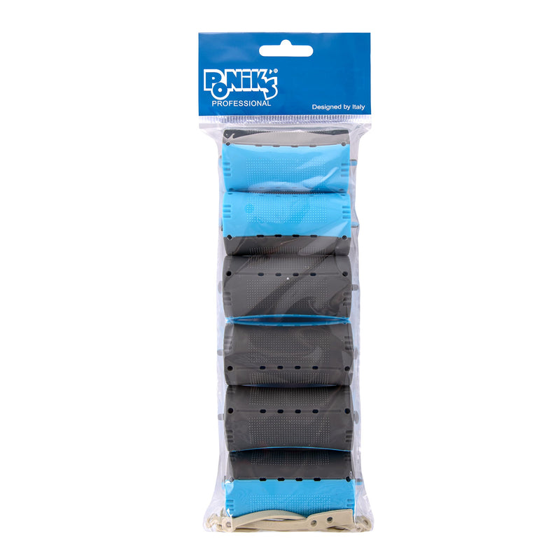 PONIK'S PROFESSIONAL - Perm Rollers, Curlers for Perm Set, Hair Rollers 6 Pieces, Curlers Perm 40 mm, Small Cold Curler with Round Rubber Tabs, Blue Black Blue Black (40 mm - 6 pieces)