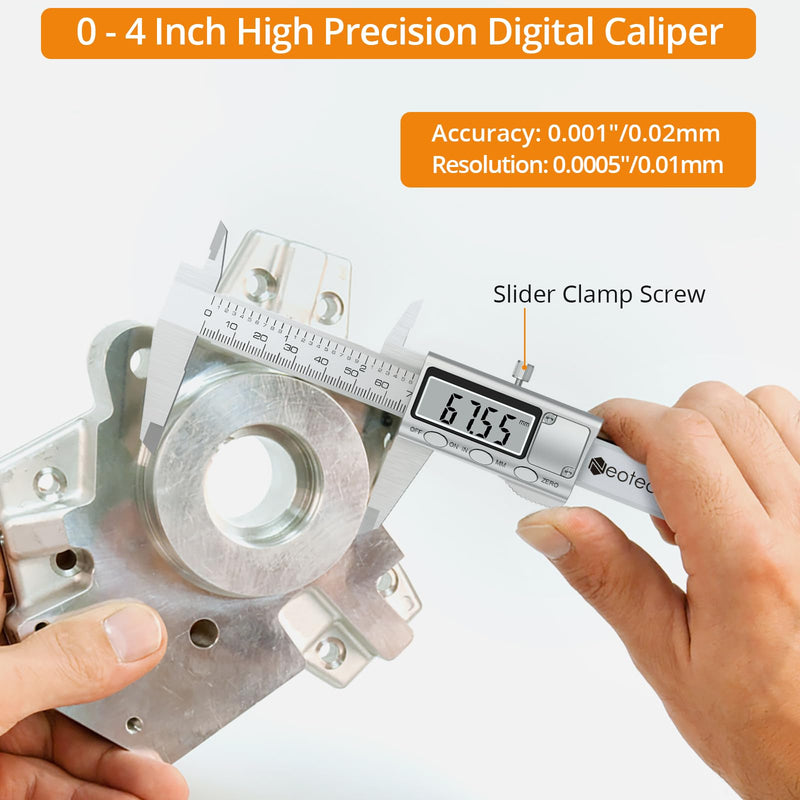 Neoteck 4 inch/100mm Digital Caliper, Stainless Steel Electronic Calipers Measuring Tool inch/mm Conversion, Large LCD Screen 4 inch Digital Caliper