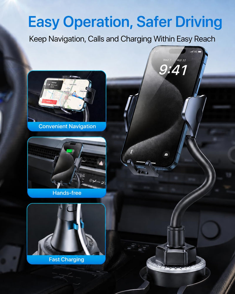 andobil Military-Grade Cup Holder Phone Holder, [Solidest Metal Gooseneck] Universal Cup Phone Holders for Your Car Truck Golf, 360° Adjustable Cup Holder Cell Phone Mount for iPhone Samsung Google Gooseneck-Black