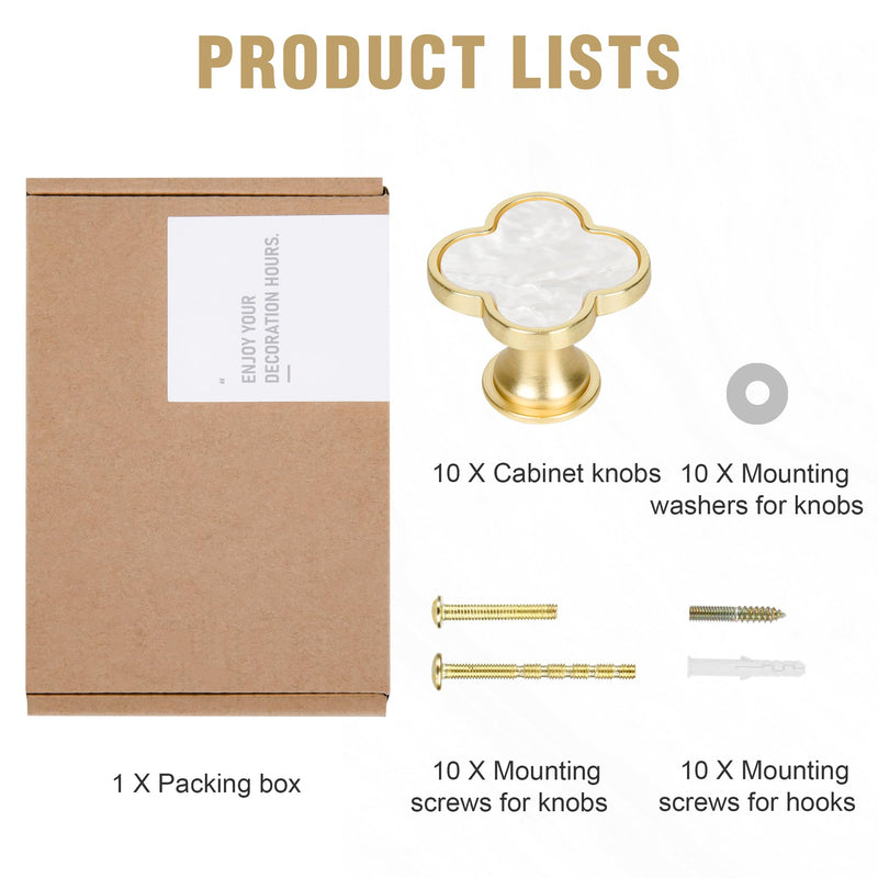 Clover Cabinet Knobs, 10 Pack 33mm Brushed Gold Drawer Knobs with White Pearl-Look Inlay, Decorative Gold Knobs for Kitchen Cabinets, Drawers & Dressers