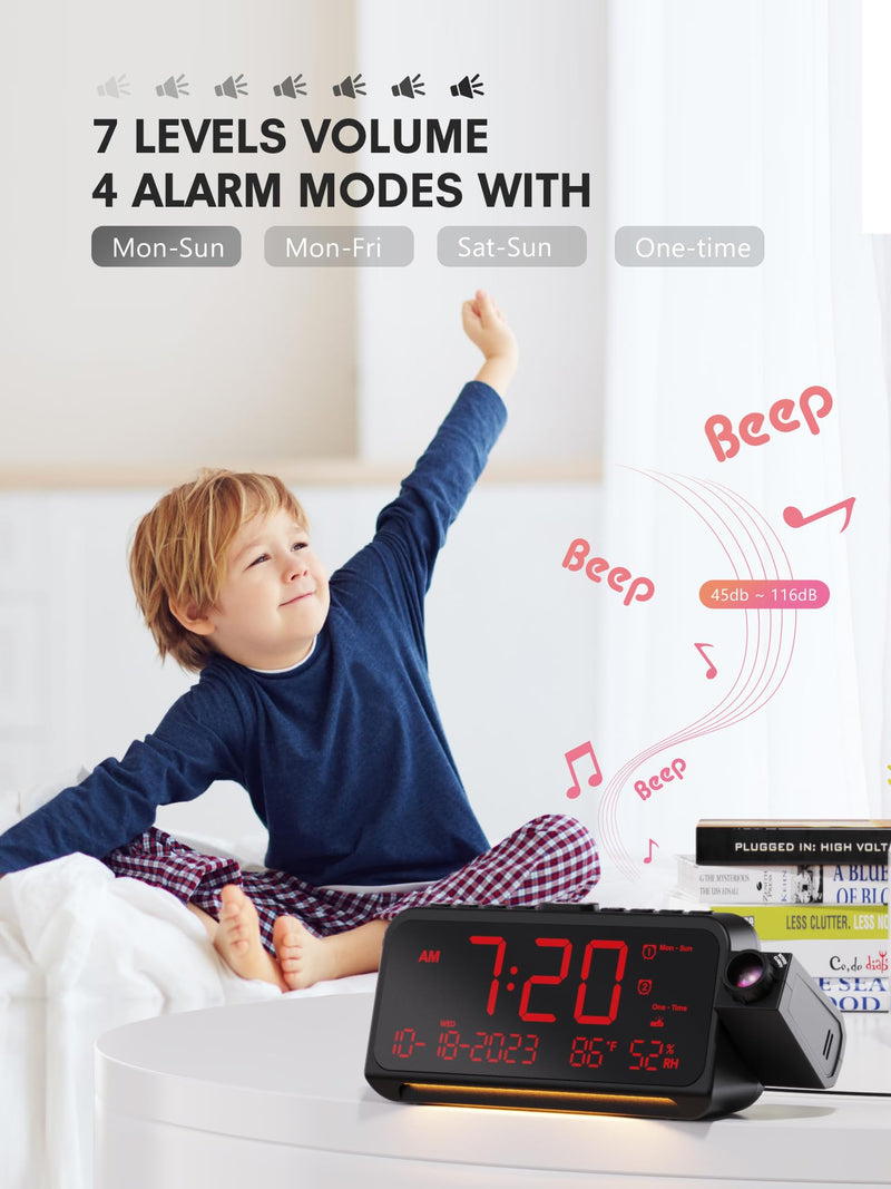 Projection Alarm Clock for Bedroom Ceiling, Digital Clock Projector with Weekday/Weekend Mode, Date, Temperature, Humidity, Type-C USB Charger, Night Light, Dual Alarms, DST, Dimmer,12/24H Red Digit+ Red Projection
