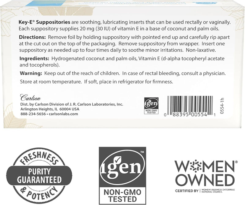 Carlson - Key-E Suppositories, 30 IU (20 mg) Vitamin E Suppository, Moisturizes & Nourishes, for Women and Men, 48 Count 48 Count (Pack of 1)