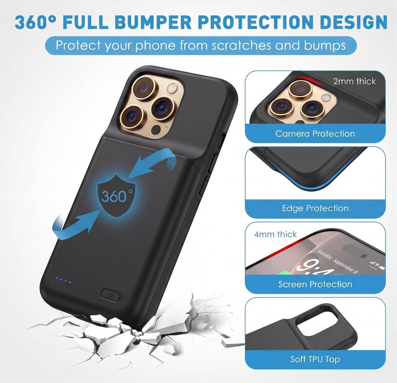 Battery Case for iPhone 16 Pro, Ultra-Slim Travel Portable Charging Case, 2026 Upgrade 7000 mAh Extended Battery Life, Premium Materials Rechargeable Charger Case Black