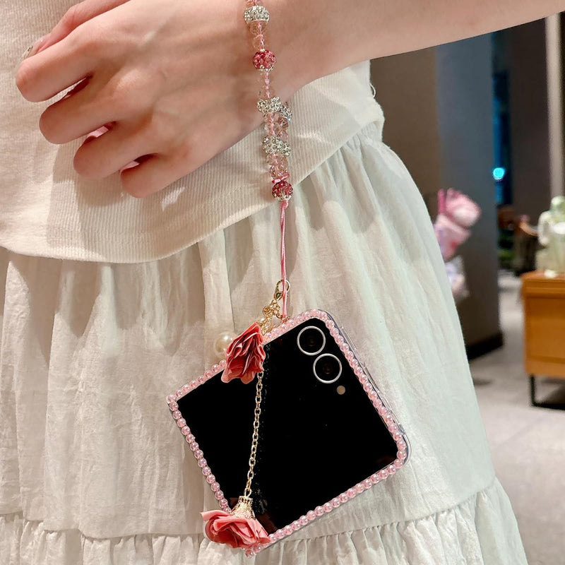 Changjia for Samsung Galaxy Z Flip 8 5G Glitter Bling Case,Cute 3D Sparkle Pearl Butterfly Crystal Rhinestones Flowers Diamonds Gems with Lanyard Wrist Strap Women Girls Case for Galaxy Z Flip 8,Pink Pink