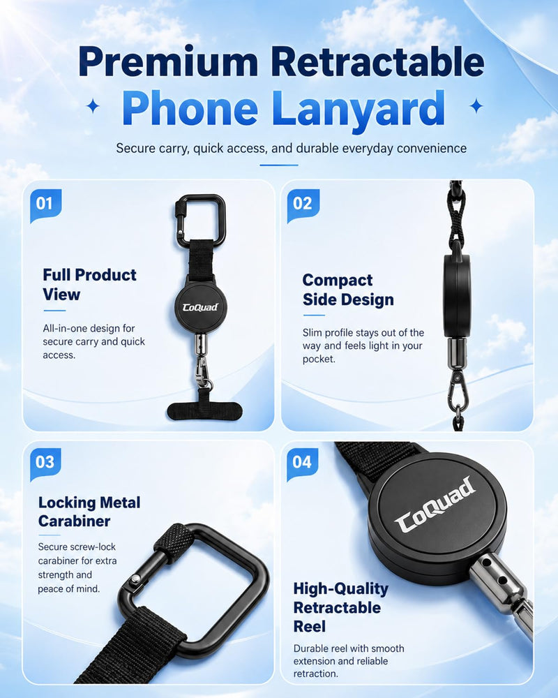 Anti-Theft Phone Tether, Phone lanyard - Universal Adhesive Anchor, Retractable Steel Line and Locking Carabiner Black