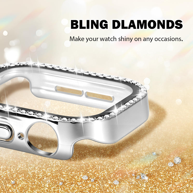 Bling Rhinestone Screen Protector Case Band for Apple Watch S11/10/SE/Ultra | riwoauoo 3-in-1 Glitter Diamond Hard PC Cover Built-inTempered Glass Film Nylon Sport Strap Women for iWatch 40/44/42/46/49mm Silver 40mm for SE 3/SE 2/SE/6/5/4