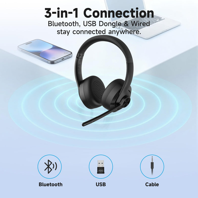 AOC Wireless Headset with Mic for Work, Bluetooth 5.4 Computer Headphones. | with USB-A Dongle, Clear Call Mic, 30H Battery, One-Touch Mute, Great for PC, Laptop, Home Office, Zoom, Phones - Black